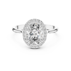 Oval Halo Engagement Ring Oval Cut Lab Grown Diamond 1.00Ct — Frontal view render of the oval halo engagement ring crafted in luminous white gold, showcasing the colorless E-F VVS lab grown diamond surrounded by a brilliant halo ring for an elegant 14k solid gold engagement ring.