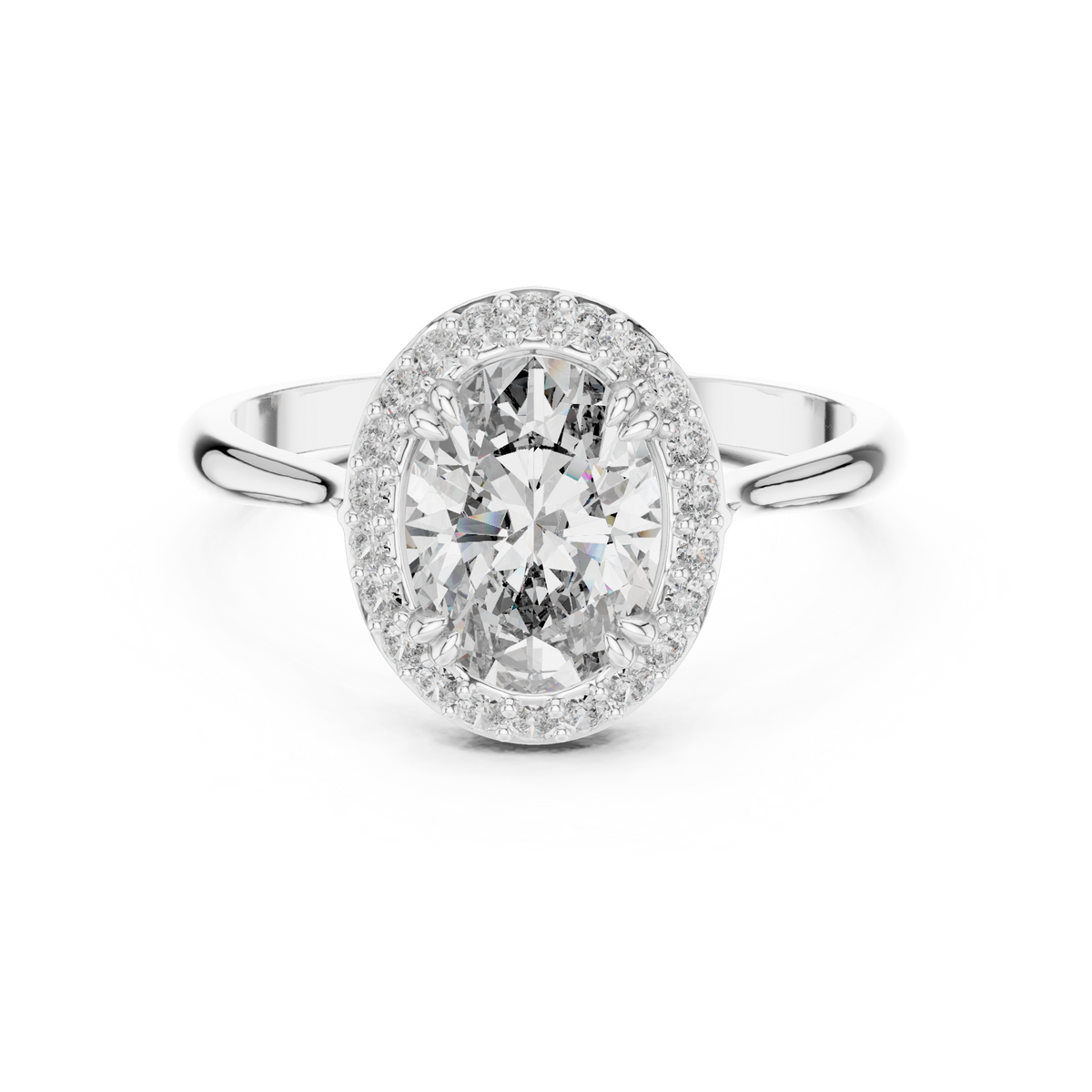 Oval Halo Engagement Ring Oval Cut Lab Grown Diamond 1.00Ct — Frontal view render of the oval halo engagement ring crafted in luminous white gold, showcasing the colorless E-F VVS lab grown diamond surrounded by a brilliant halo ring for an elegant 14k solid gold engagement ring.