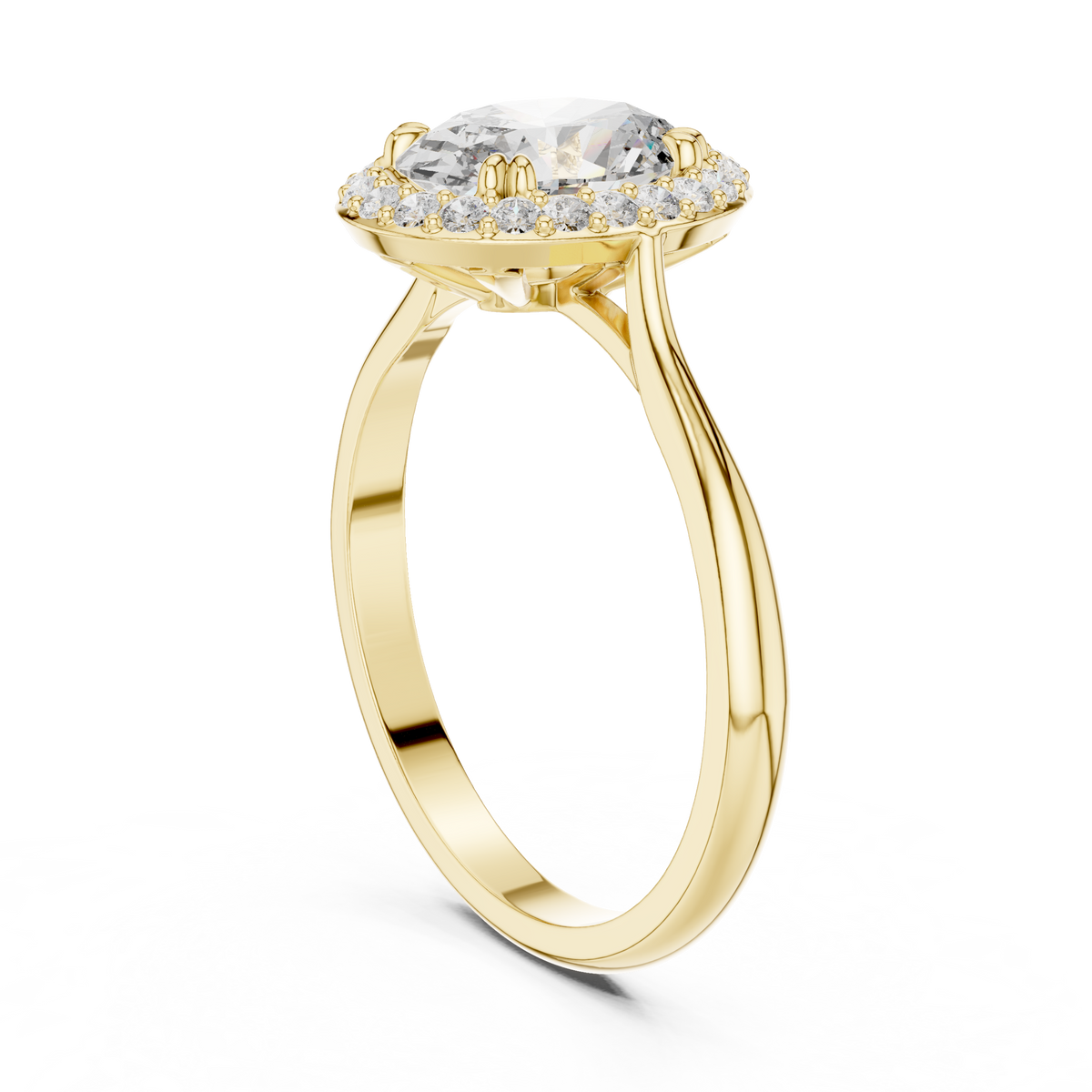 Oval Halo Engagement Ring Oval Cut Lab Grown Diamond 1.00Ct — Lifestyle render showing the oval halo engagement ring worn on a woman's finger, illustrating its elegant scale, dainty band proportions, and radiant sparkle suitable for elegant women's diamond jewelry lovers.