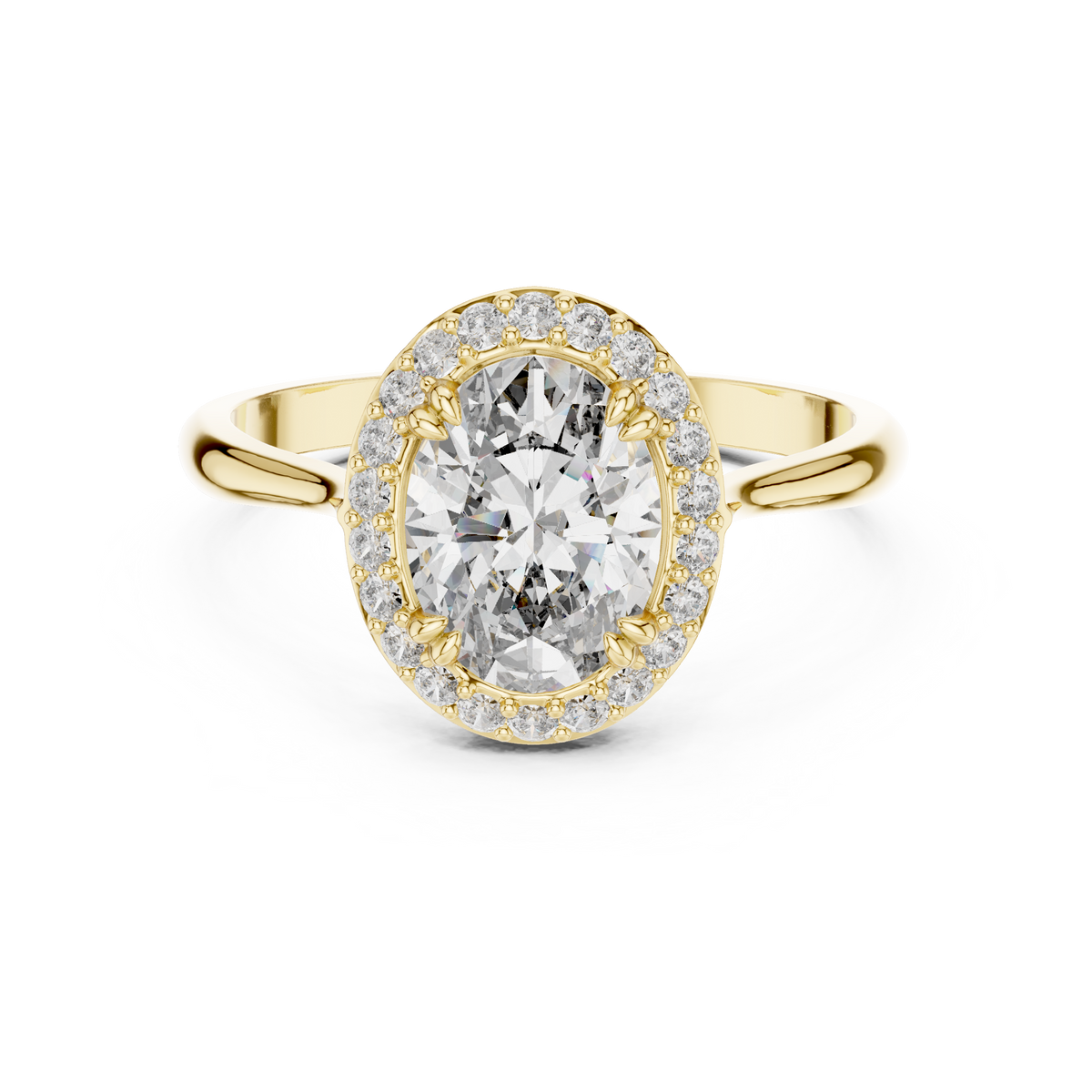 Oval Halo Engagement Ring Oval Cut Lab Grown Diamond 1.00Ct — Macro close-up view focusing on the 1.00ct oval lab grown diamond center stone and surrounding round accent gems set in the oval halo engagement ring, demonstrating precision hand-setting and exceptional VVS clarity.