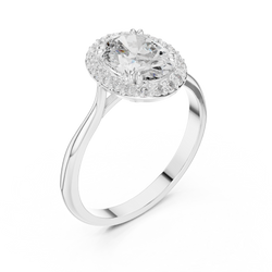 Oval Halo Engagement Ring Oval Cut Lab Grown Diamond 1.00Ct — Three-quarter angle perspective of the yellow gold oval halo engagement ring, demonstrating the tapering polished shank and cathedral support architecture crafted for a micro prong halo solitaire ring look.