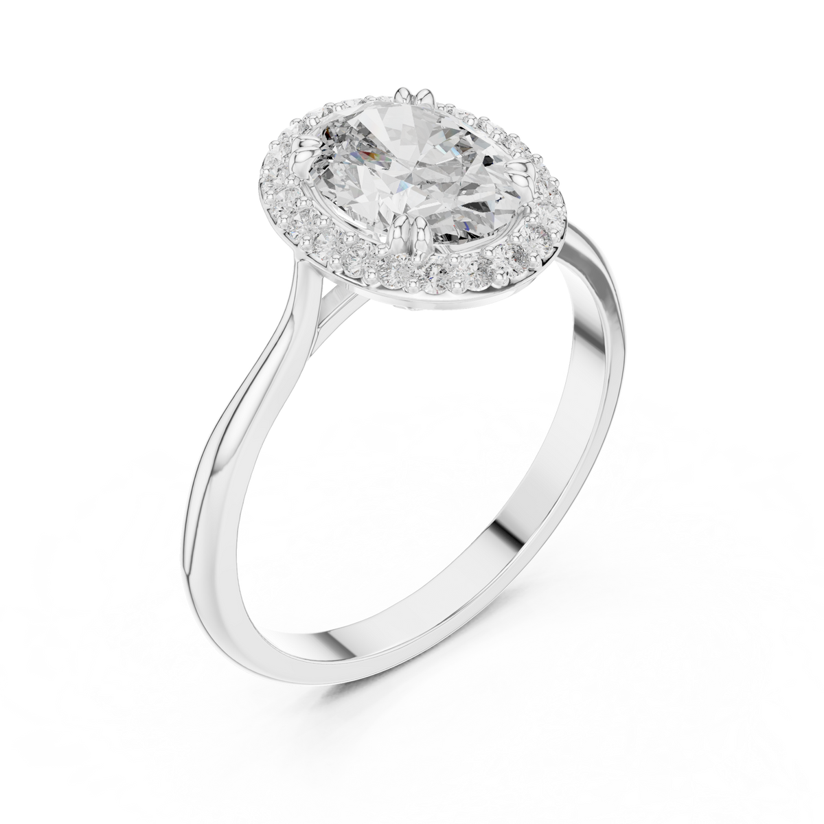 Oval Halo Engagement Ring Oval Cut Lab Grown Diamond 1.00Ct — Three-quarter angle perspective of the yellow gold oval halo engagement ring, demonstrating the tapering polished shank and cathedral support architecture crafted for a micro prong halo solitaire ring look.