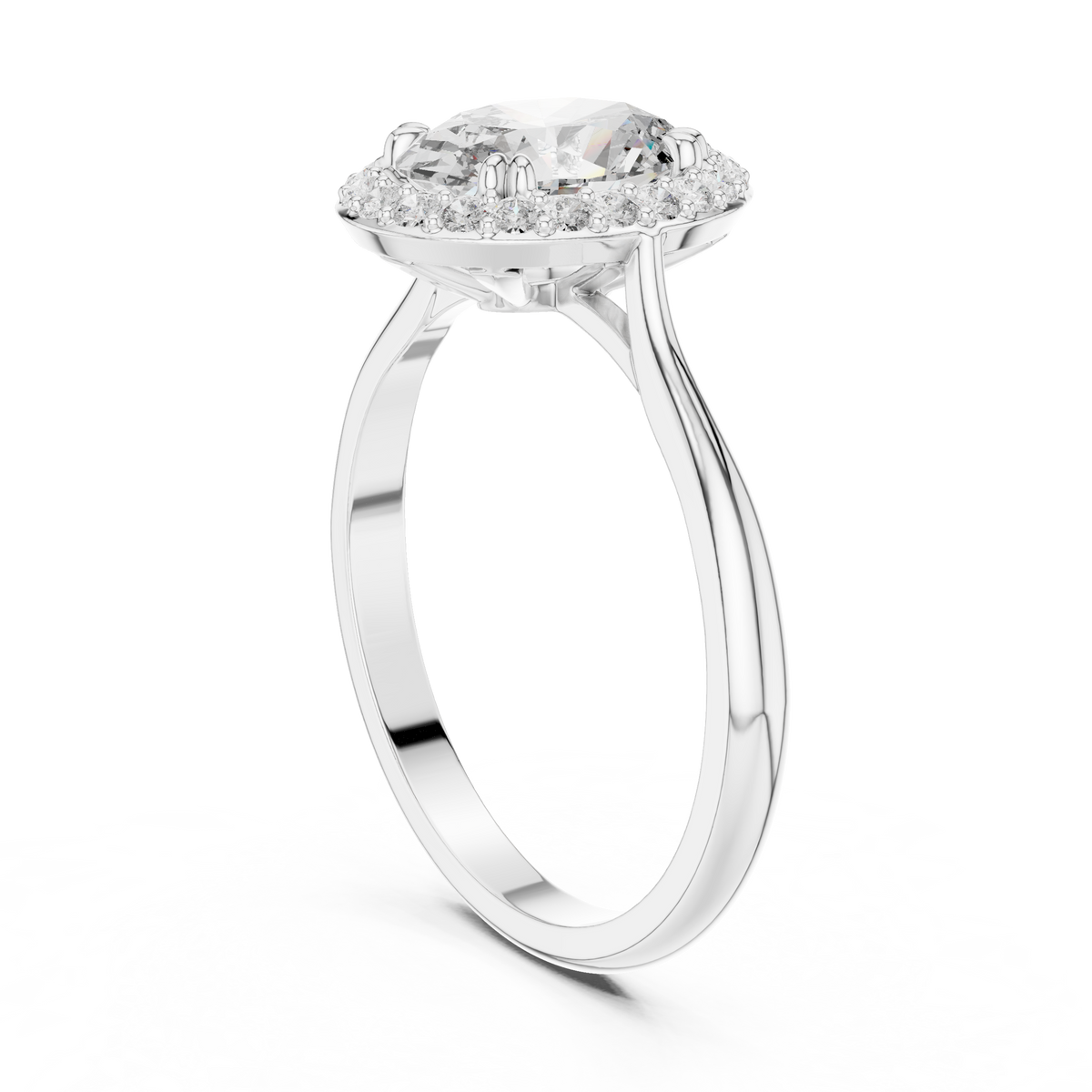 Oval Halo Engagement Ring Oval Cut Lab Grown Diamond 1.00Ct — Top perspective of the oval halo engagement ring rendered in rich yellow gold, highlighting the warm metal contrast against the white 1.00ct oval lab diamond center stone and halo cluster for an oval cut halo bridal ring.