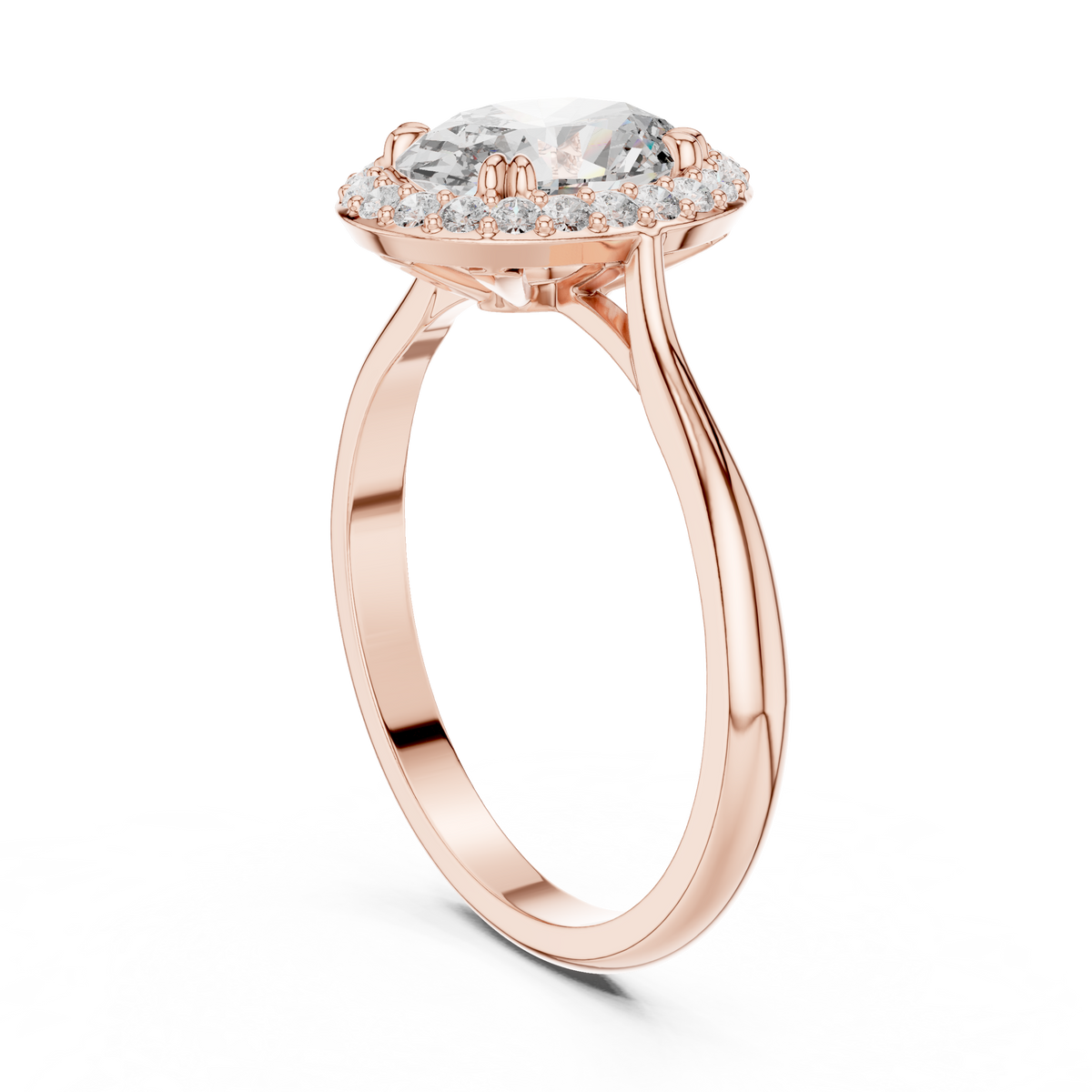Oval Halo Engagement Ring Oval Cut Lab Grown Diamond 1.00Ct — Upright three-quarter perspective render of the oval halo engagement ring showcasing the polished rose gold shank, cathedral shoulders, and brilliant 1.00ct lab grown diamond for an unforgettable anniversary gift for her.
