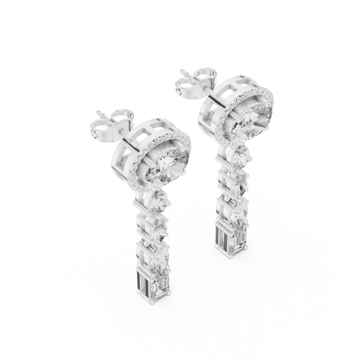 Oval halo diamond drop earrings cascade - front angled view