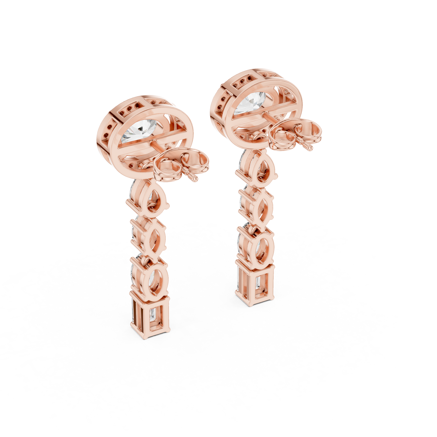 Oval halo drop earrings 14K gold - back view showing post closure