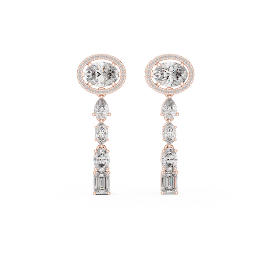 Oval pear marquise cut diamond dangle earrings gold - front view