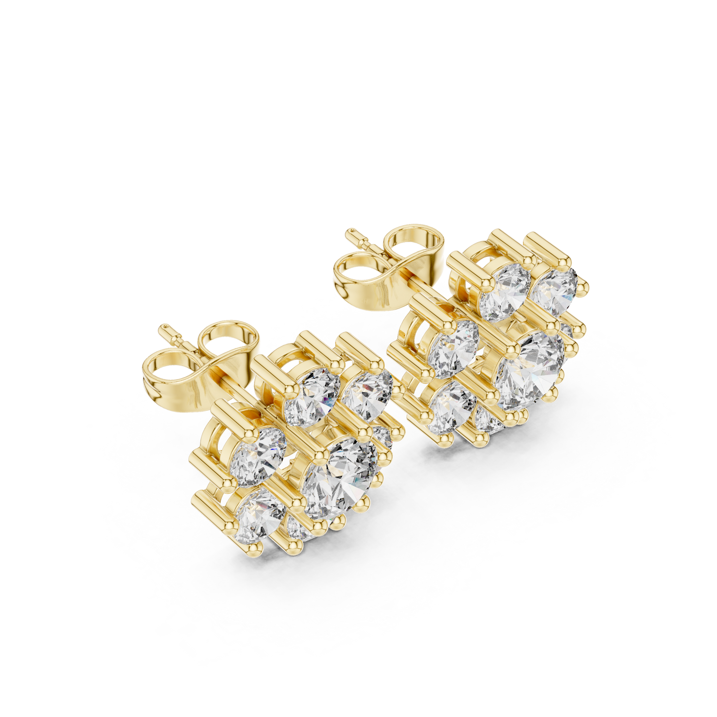 Pair of 14K gold floral stud earrings next to a ruler for measurement scale visualization. Clear imagery helps American shoppers understand the product size, significantly increasing purchase confidence for bridal and daily fine jewelry items.