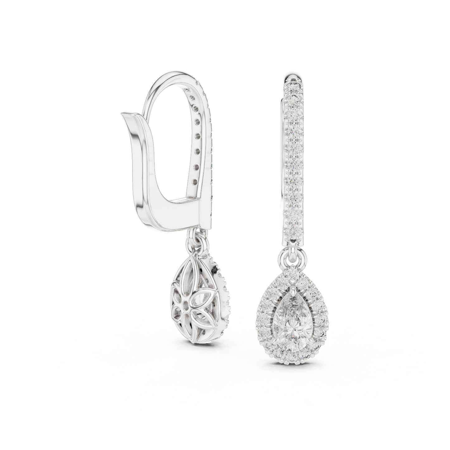 Pair of Pear Cut Diamond Lever Back Dangle Earrings Top View in silver