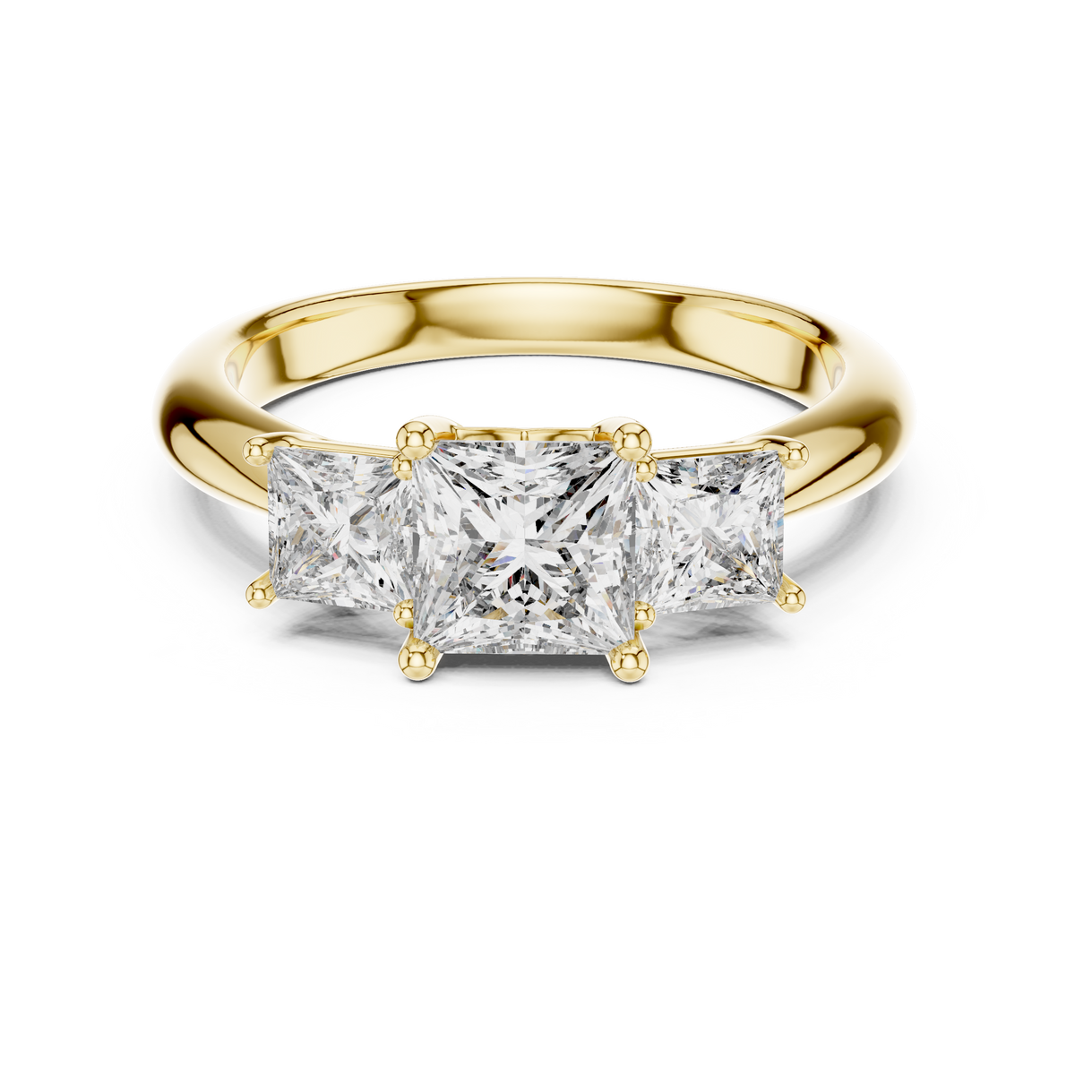 Past Present Future Princess Cut Diamond Ring view under natural lighting revealing brilliant optical performance and white clarity of eco friendly lab diamonds.

