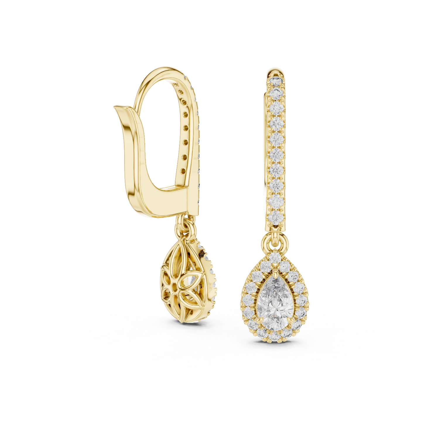 Pear Cut Diamond Halo Drop Earrings Lifestyle Packaging Shot