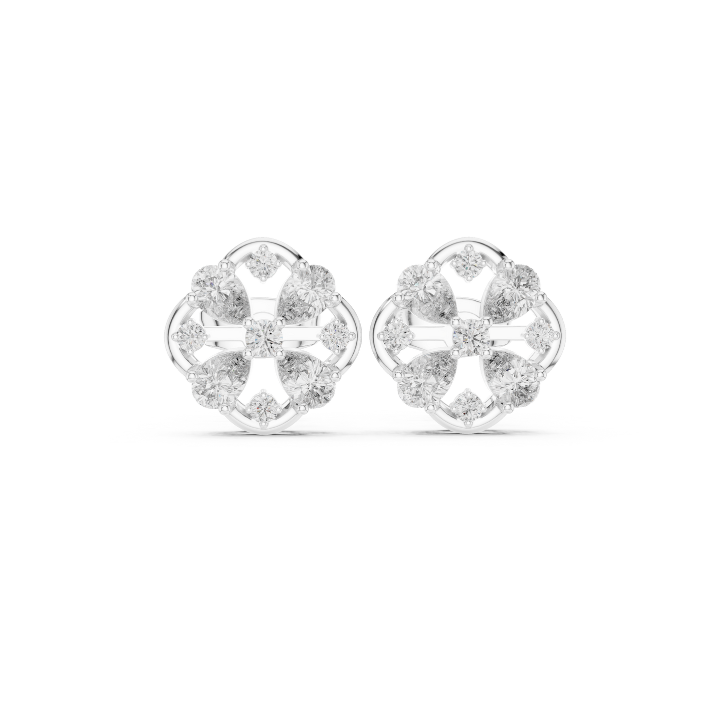 Perspective view of diamond cluster studs showing the depth and dimensional structure of the floral design crafted by professional jewelers in 14K solid gold
