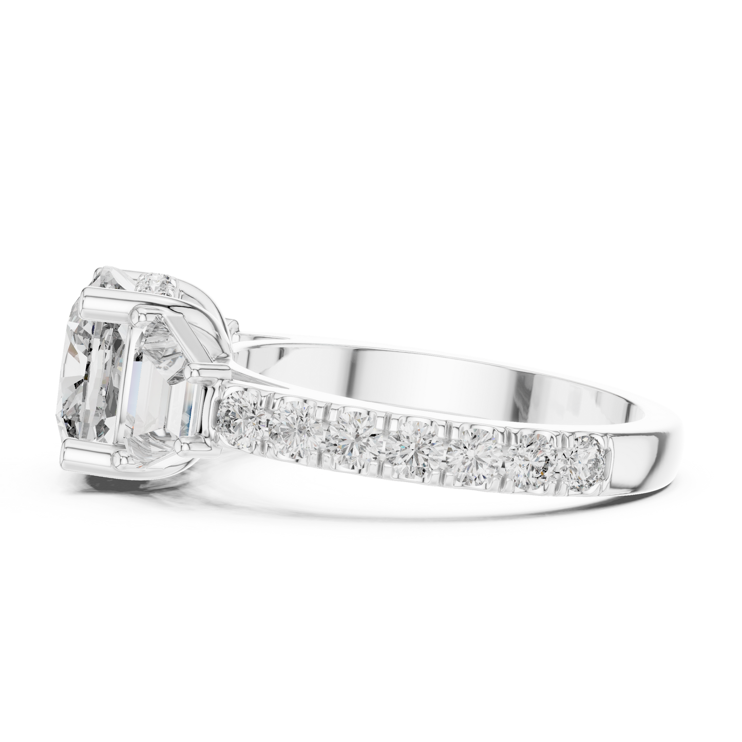 Perspective view of the engagement ring showcasing the unique hidden halo design detail that adds extra sparkle from every angle for a premium bridal jewelry aesthetic experience