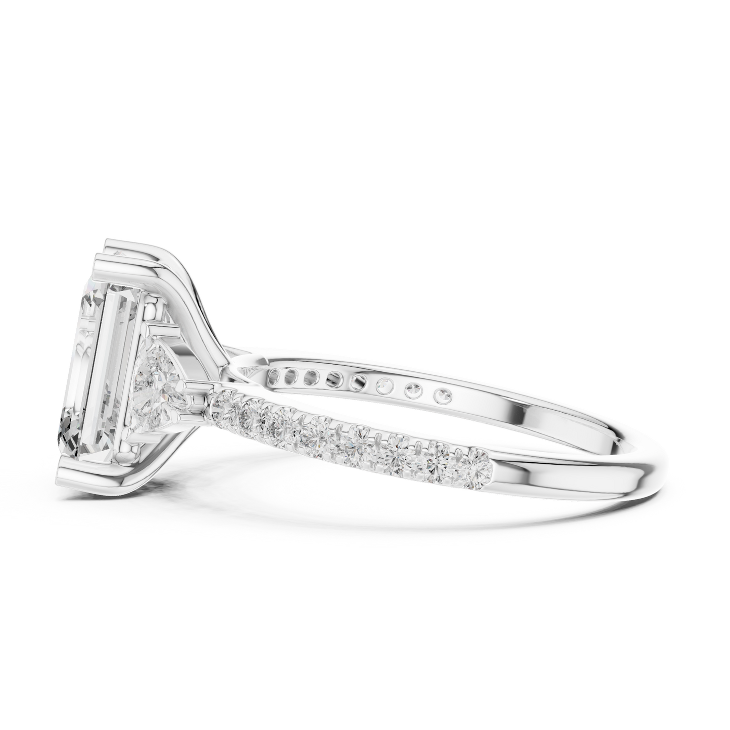 Premium 14K Gold Emerald Cut Three Stone Engagement Ring With Sparkling Lab Grown Diamonds Jewelry Photography