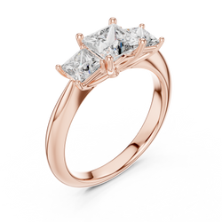 Princess Cut 3 Stone Engagement Ring side profile angle displaying the intricate basket prongs holding three brilliant lab grown diamonds with high clarity and color on a smooth solid 14k gold polished band.

