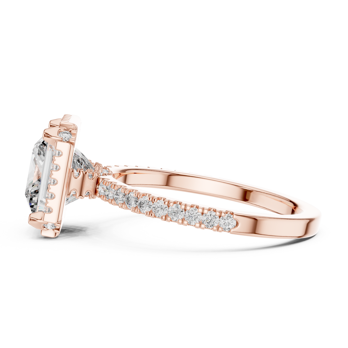 Princess Cut Lab Diamond Engagement Ring Side Profile With Intricate Pavé Shank And Hidden Halo Detail For Luxury Bridal Jewelry Online