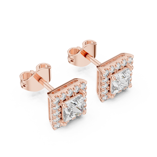 Princess Cut Lab Grown Diamond Gold Stud Earrings Front