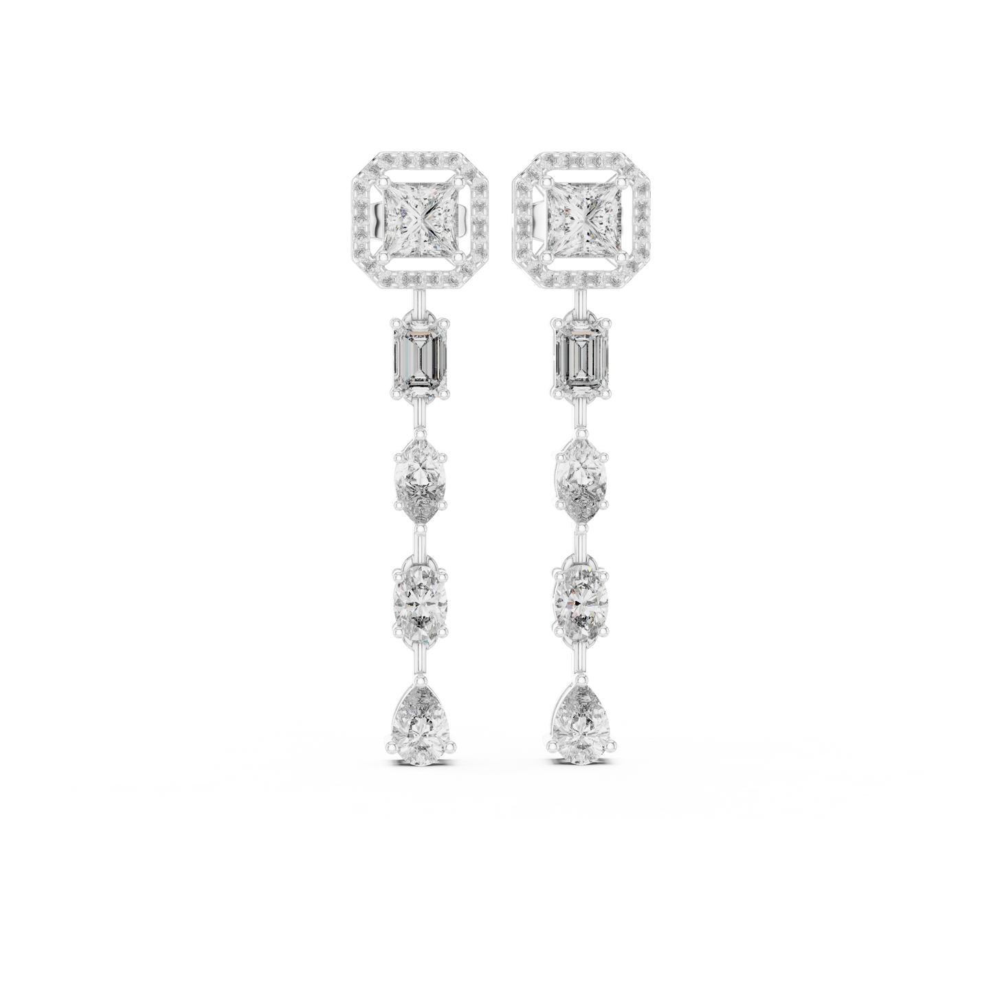 Princess cut halo drop earrings emerald pear cut cascade - front view