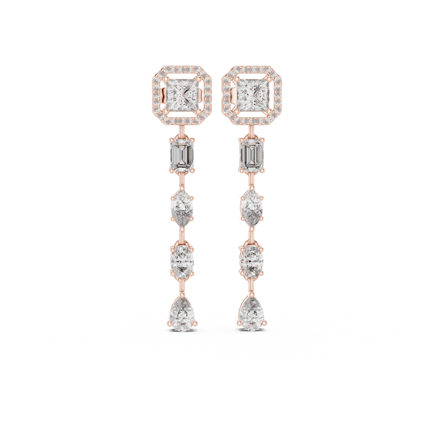 Princess cut halo drop earrings emerald pear cut cascade gold - front view