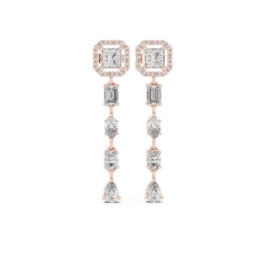 Princess cut halo drop earrings emerald pear cut cascade gold - front view