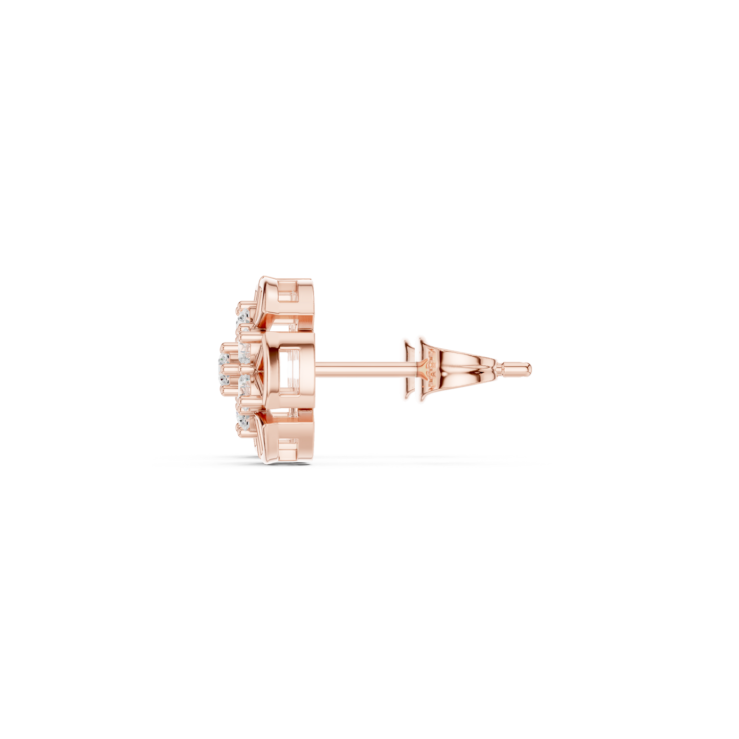 Professional Close Up Of 14K Gold Lab Grown Diamond Earrings Showing Collet Setting And High Polish Finish