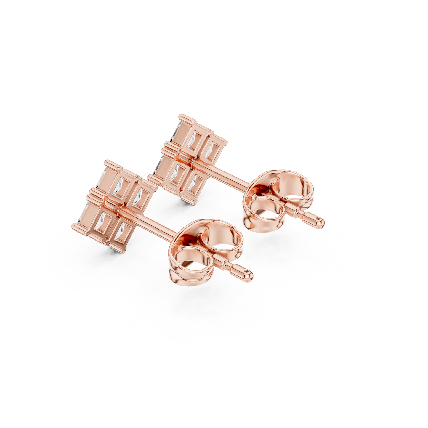 Professional Close Up Of Princess Cut Lab Diamond Earrings 14K Gold Modern Minimalist Jewelry Style