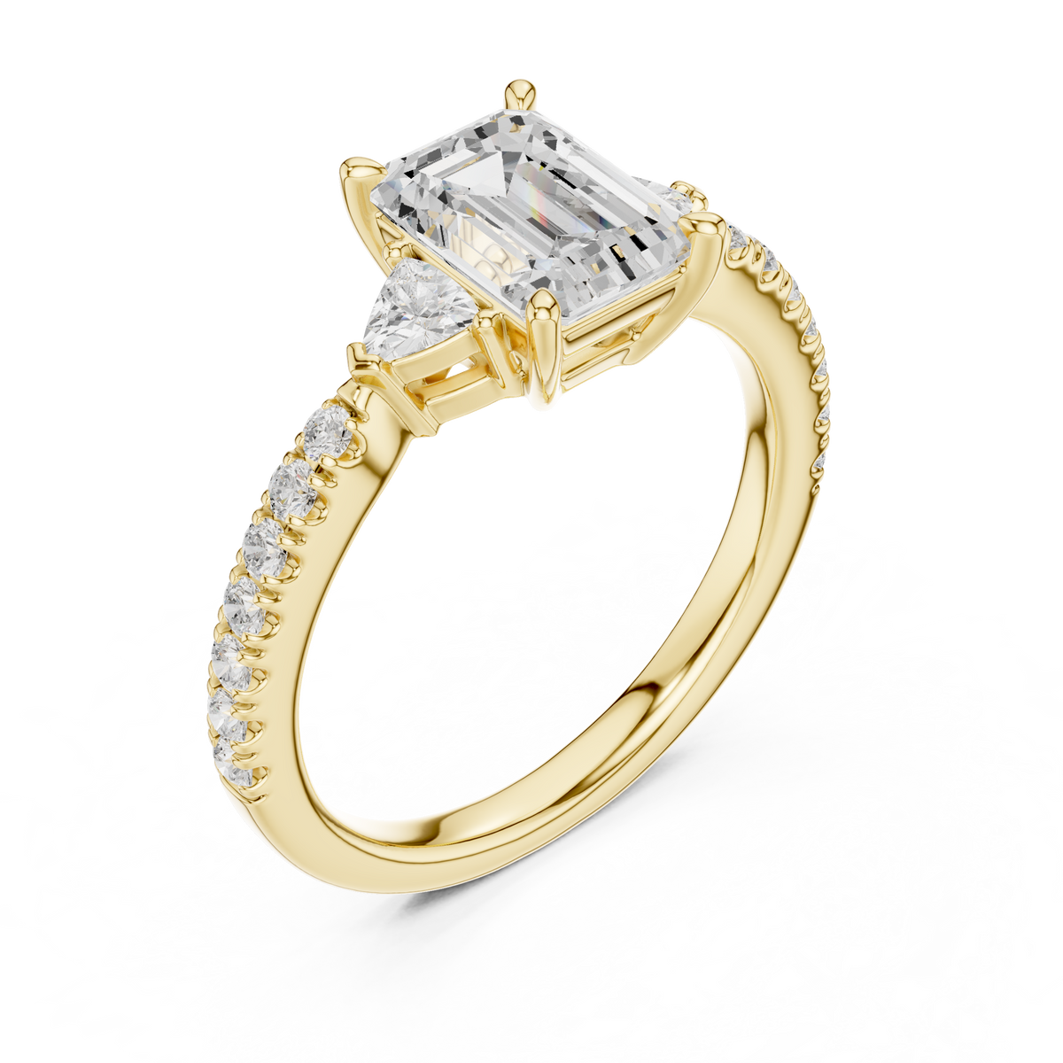 Professional studio view showing the internal construction and craftsmanship of the 18K gold three stone engagement ring