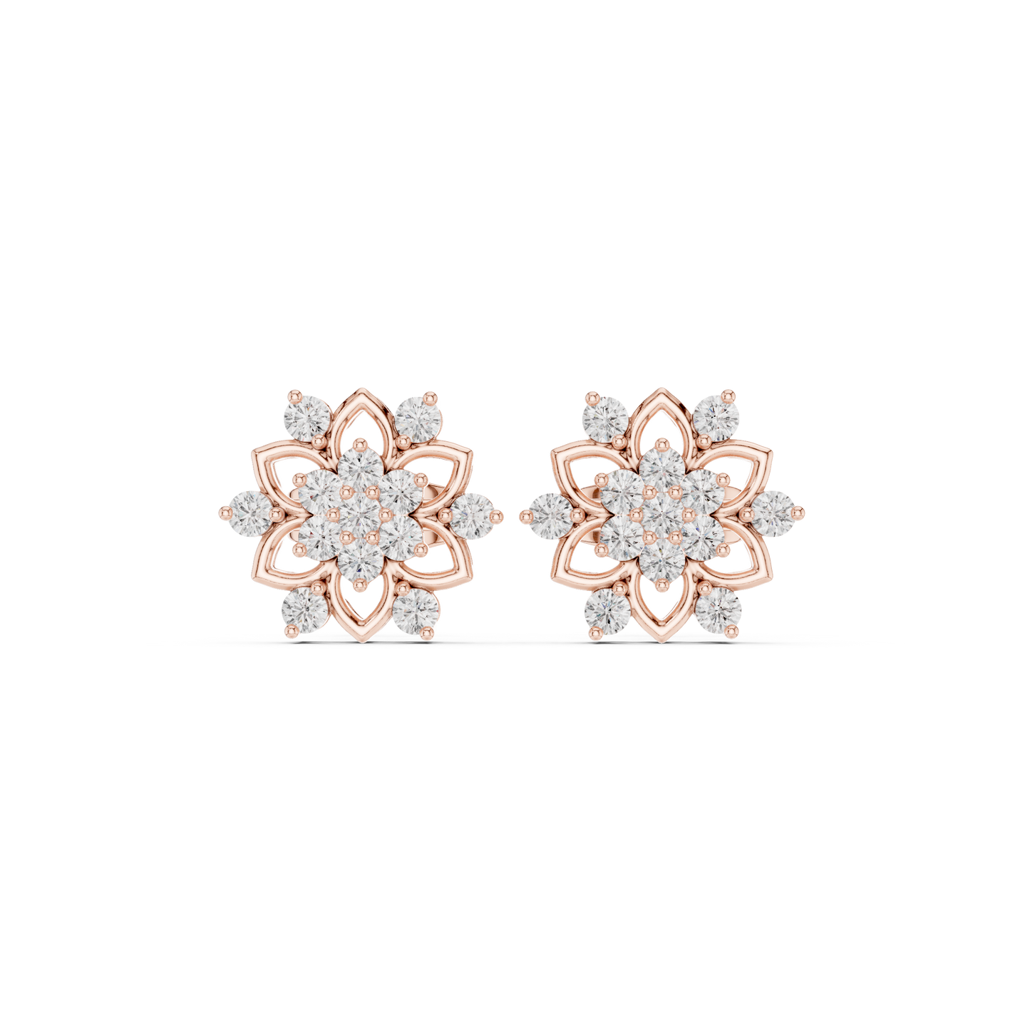 Round Brilliant Cut Lab Diamond Flower Studs Solid 14K Gold Minimalist Earrings Floral Lab Diamond Earrings | 14K Gold Flower Studs | Lab Grown Diamond Jewelry | Bridal Flower Earrings | Unique Gift For Her | Floral Studs Side Profile Cathedral Setting Hidden Halo Craftsmanship Angle View 14K Gold Flower Lab Grown Diamond HB Prestige Jewels