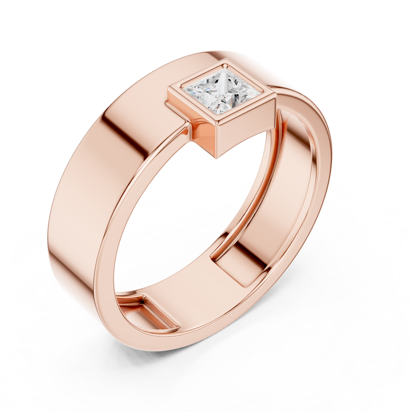 Princess Cut Diamond Ring - Minimalist Wide Band -  Luxury Engagement Wedding Jewelry