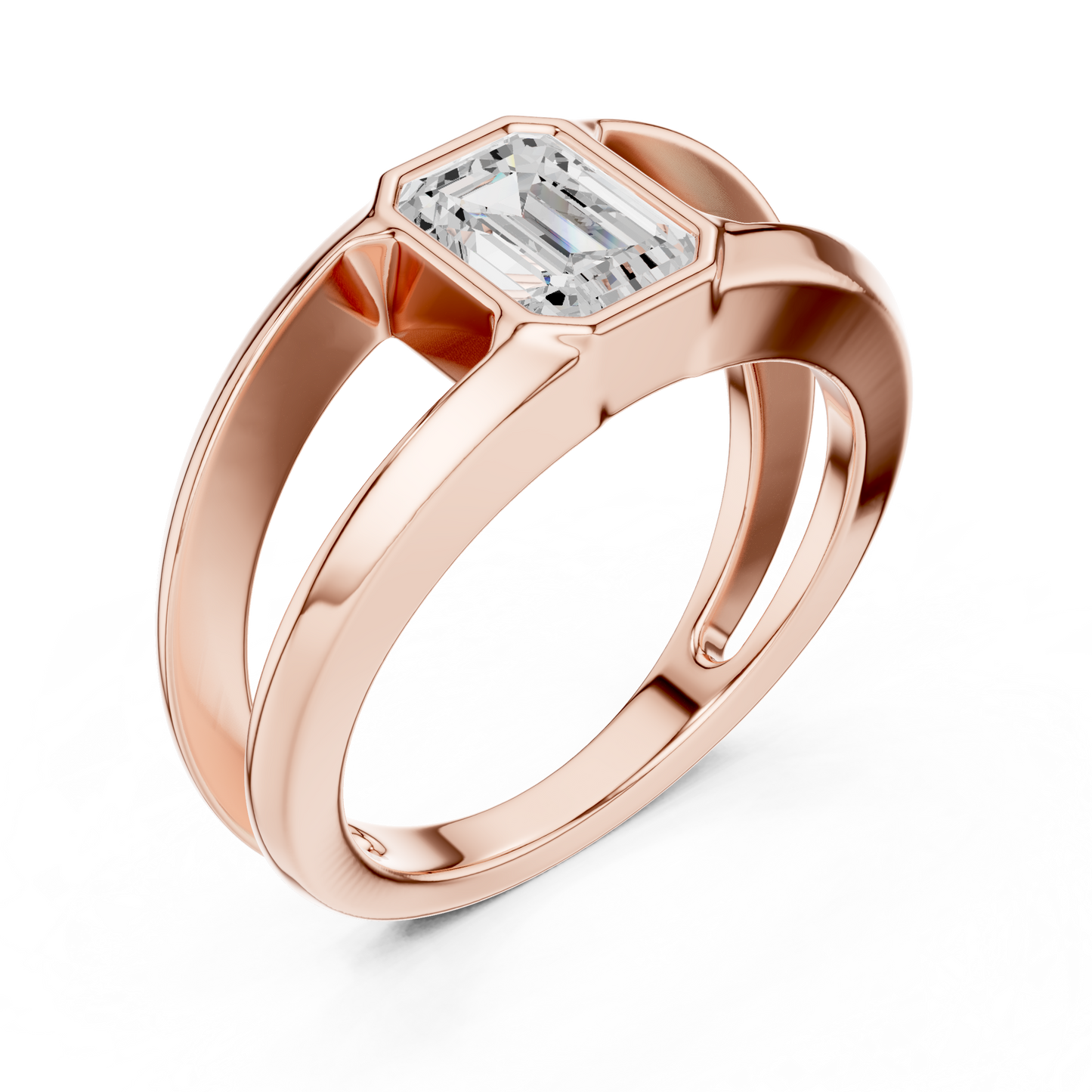 Architectural emerald cut diamond ring sculpted with bold split shank Silver elegance.