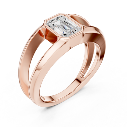 Architectural emerald cut diamond ring sculpted with bold split shank Silver elegance.