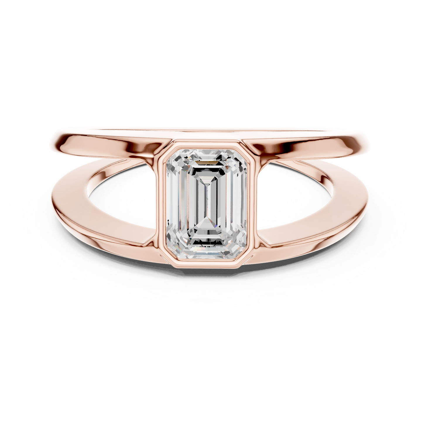 Architectural emerald cut diamond ring sculpted with bold split shank Silver elegance.