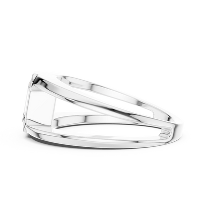 Architectural emerald cut diamond ring sculpted with bold split shank Silver elegance.