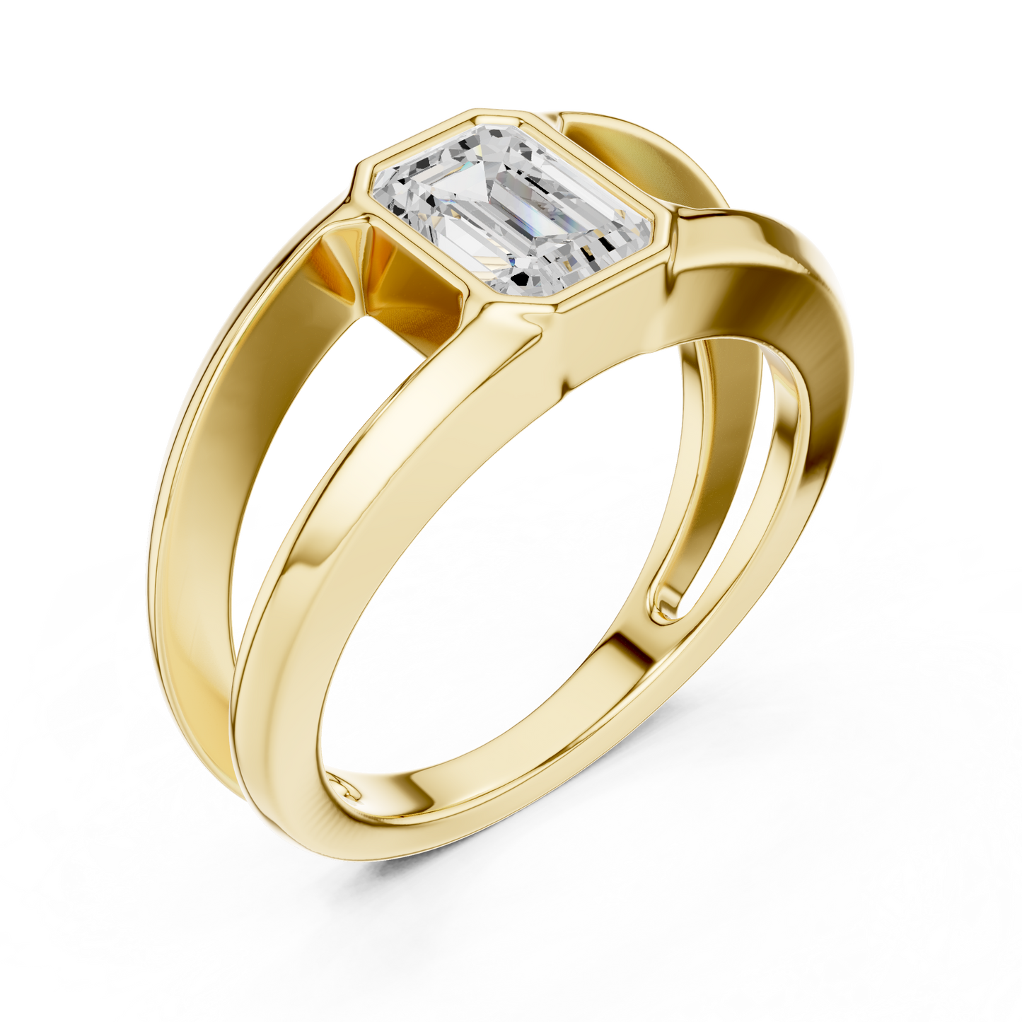 Architectural emerald cut diamond ring sculpted with bold split shank Silver elegance.