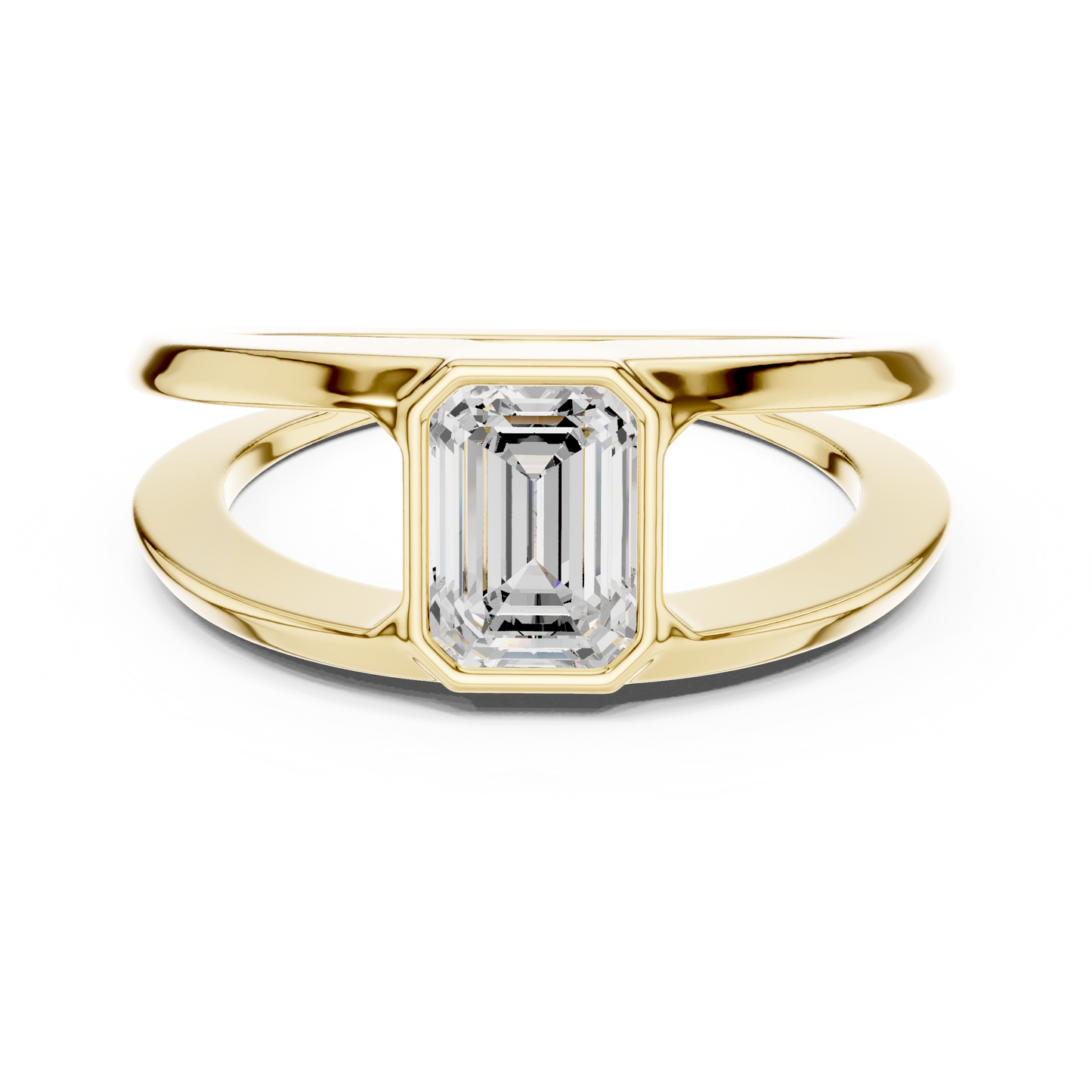 Architectural emerald cut diamond ring sculpted with bold split shank Silver elegance.