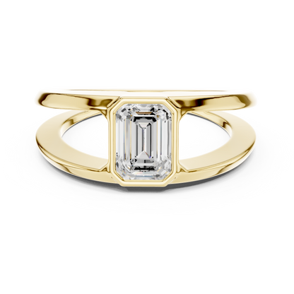 Architectural emerald cut diamond ring sculpted with bold split shank Silver elegance.