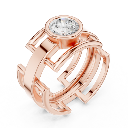 Bold Bezel Solitaire Ring | Architectural Open Band | Rose White Yellow Gold Plated