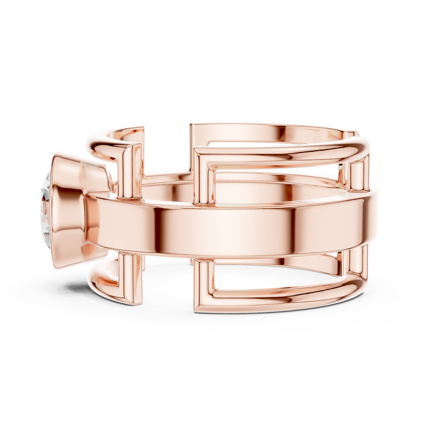 Bold Bezel Solitaire Ring | Architectural Open Band | Rose White Yellow Gold Plated