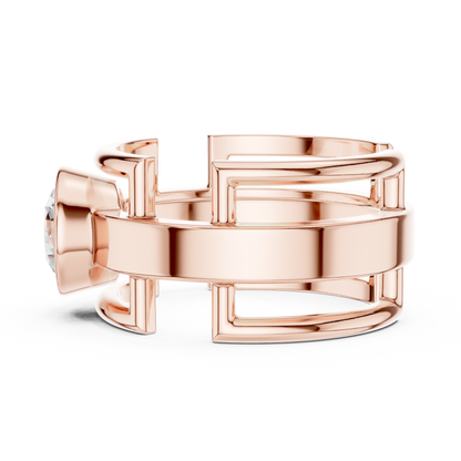 Bold Bezel Solitaire Ring | Architectural Open Band | Rose White Yellow Gold Plated