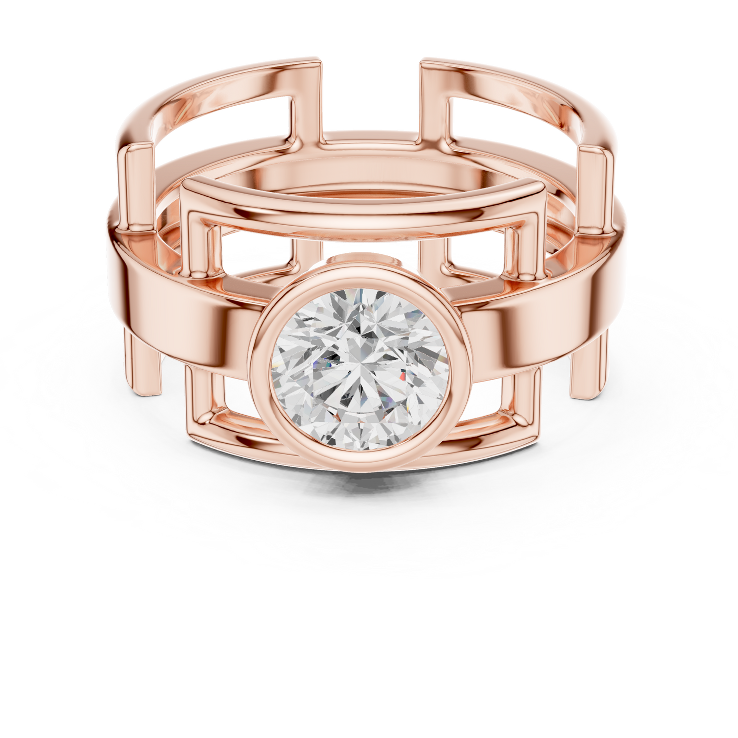 Bold Bezel Solitaire Ring | Architectural Open Band | Rose White Yellow Gold Plated