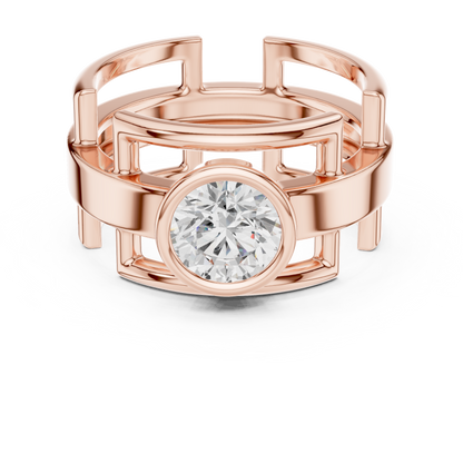 Bold Bezel Solitaire Ring | Architectural Open Band | Rose White Yellow Gold Plated