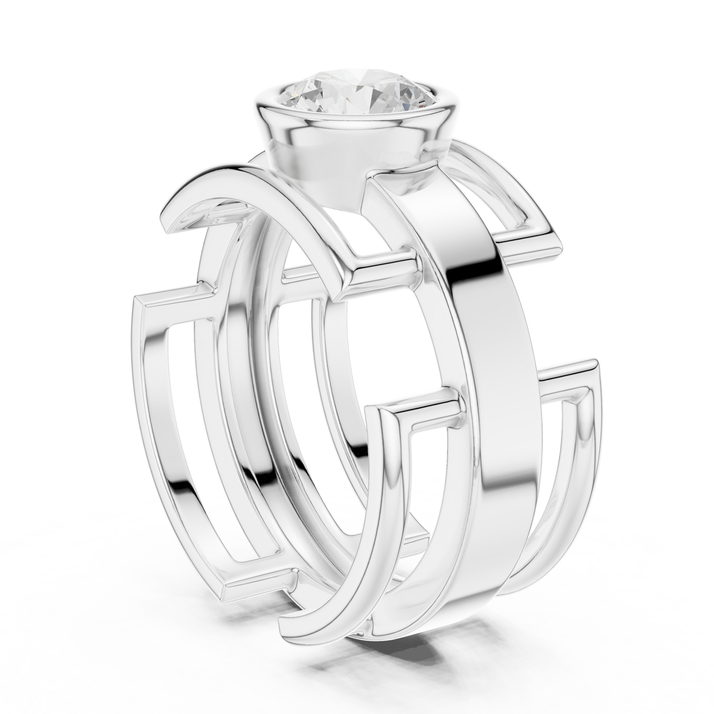 Bold Bezel Solitaire Ring | Architectural Open Band | Rose White Yellow Gold Plated