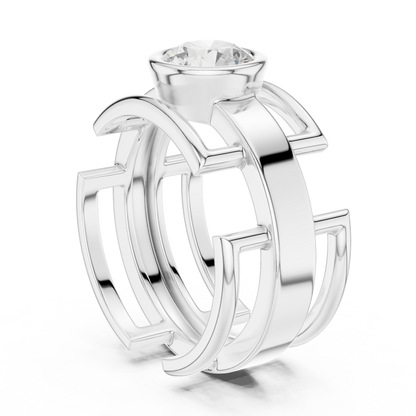 Bold Bezel Solitaire Ring | Architectural Open Band | Rose White Yellow Gold Plated