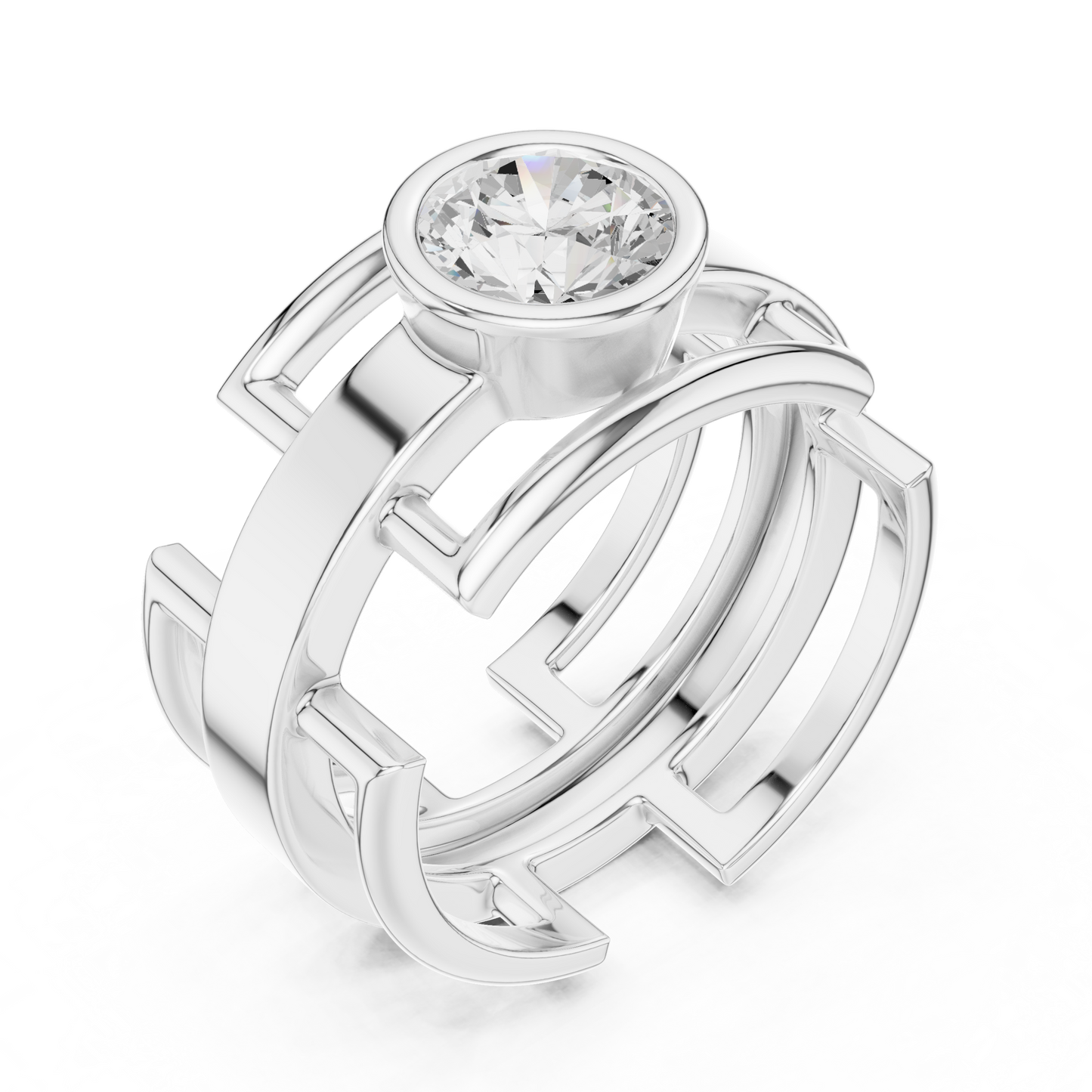 Bold Bezel Solitaire Ring | Architectural Open Band | Rose White Yellow Gold Plated