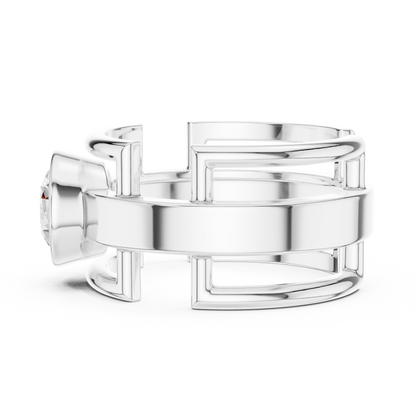 Bold Bezel Solitaire Ring | Architectural Open Band | Rose White Yellow Gold Plated