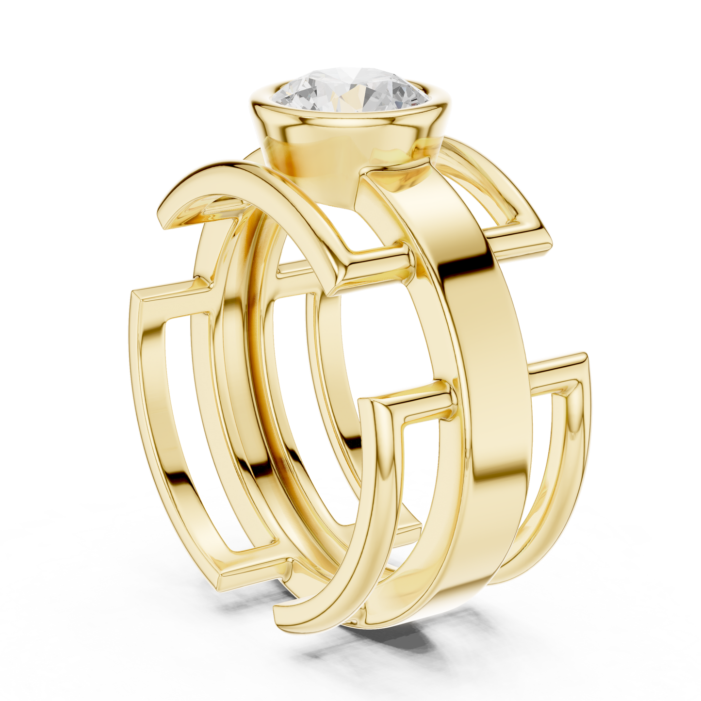 Bold Bezel Solitaire Ring | Architectural Open Band | Rose White Yellow Gold Plated