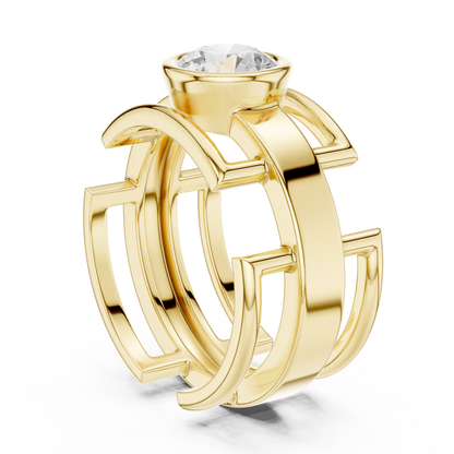 Bold Bezel Solitaire Ring | Architectural Open Band | Rose White Yellow Gold Plated