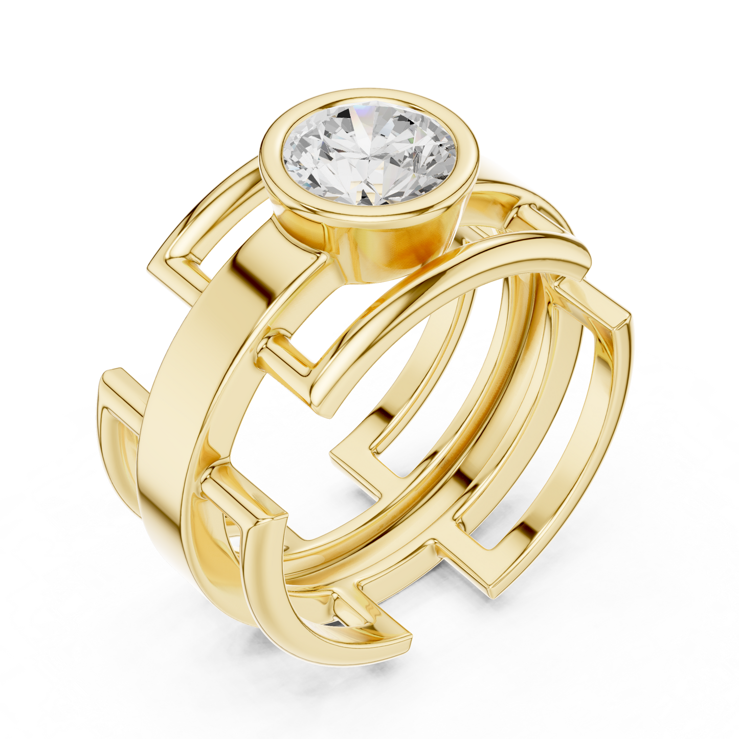 Bold Bezel Solitaire Ring | Architectural Open Band | Rose White Yellow Gold Plated