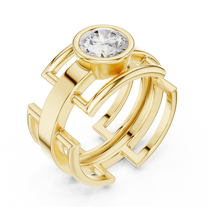 Bold Bezel Solitaire Ring | Architectural Open Band | Rose White Yellow Gold Plated