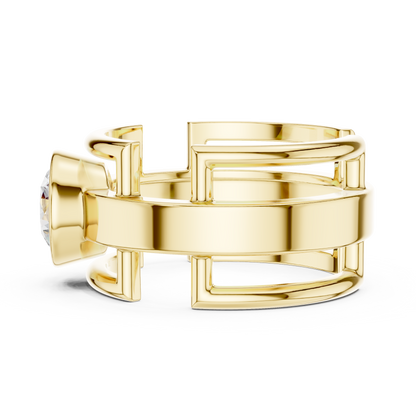 Bold Bezel Solitaire Ring | Architectural Open Band | Rose White Yellow Gold Plated
